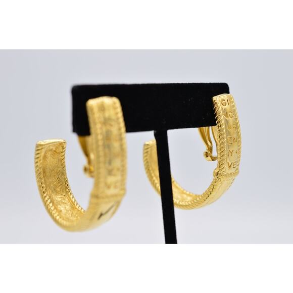 Givenchy Vintage Clip Pm Earrings Chunky Hoop Gold Logo Letters Signed 80s BinAB - Picture 5 of 11